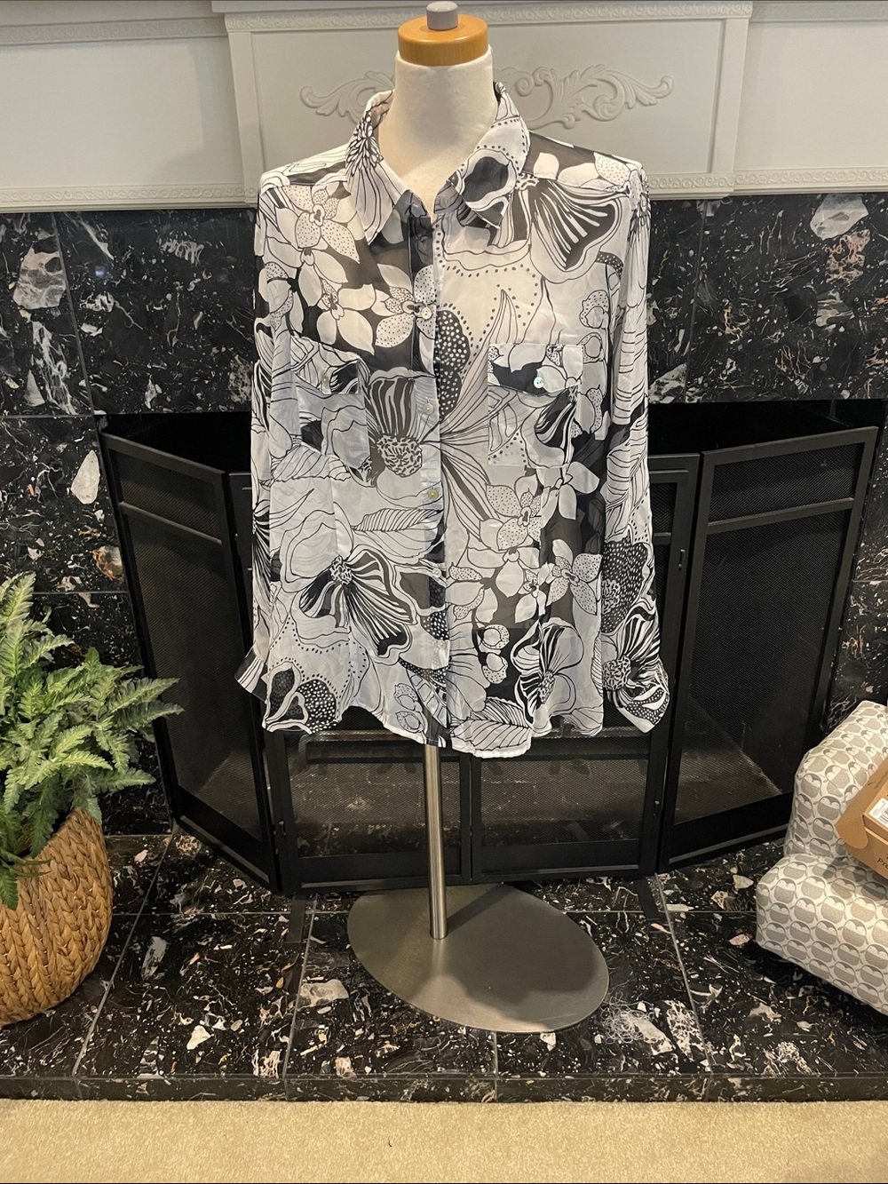 Black & White Floral Button-Up Blouse